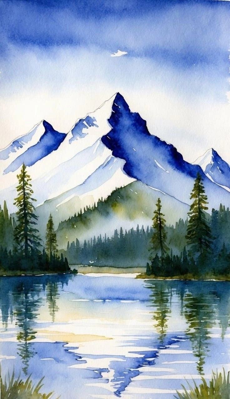 Sample watercolour painting featuring soft pastel landscapes